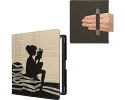 kwmobile e-reader hoesje geschikt voor Amazon Kindle Scribe (2022/2024) hoes - E reader flip case met magneetsluiting - Ereader cover - Meisje met boeken design in zwart / beige