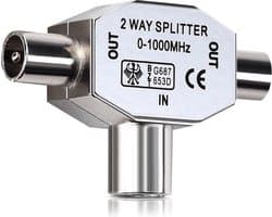 kwmobile 2-Way coax antenne splitter - Voor hoogwaardige kabeltelevisie - 2x mannelijk naar 1x vrouwelijk - Met metalen behuizing - Zilver