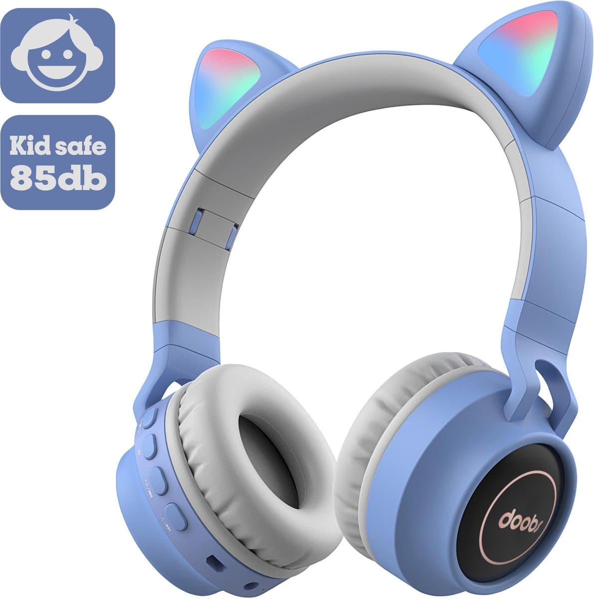 Kinder hoofdtelefoon DOBI by doobs - Draadloze koptelefoon Bluetooth met led kattenoortjes licht blauw - KIDS - VOLUME BEGRENZING - 85DB — afbeelding 1