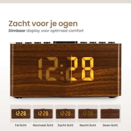 Neveda Digitale Wekkerradio Met Draadloze Oplader Telefoon - Wekkers digitaal op netstroom - Klokradio Slaapkamer - Voor kinderen & Volwassenen - Bruin hout — thumbnail 4