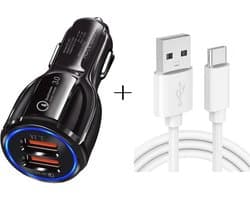 Autolader met 2X USB 3.0 Poort 30W Snellader + 1M USB-C kabel - Auto telefoon oplader - sigarettenaansteker - universeel - zwart