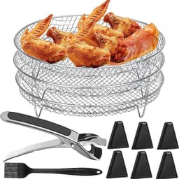 Luchtfriteuse rek - Rond roestvrij stalen dehydrator accessoires - 3 lagen stapelbaar - met silicone voeten en tong - geschikt voor 4.8L-6.6L toren. — thumbnail 10