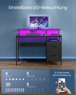 computertafel-Bureau met stoffen laden-met monitorstandaard-LED-verlichting-5 x 120 x 90 cm-zwart — thumbnail 5