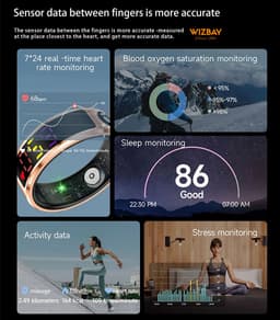 WizBay Premium Select® Smart Ring Color LED Zwart - Maat 11 - Hartslag Slaap Zuurstof - Gesture - Multi Sport Modi — thumbnail 3