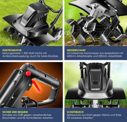MASKO® elektrische motorhak 1500 Watt | 40 cm werkbreedte 20 cm werkdiepte | grondhak | akkerfrees landbouwer tuinfrees | elektrische hak | inklapbare handgreep | metalen behuizing | transportwielen, zwart — thumbnail 4