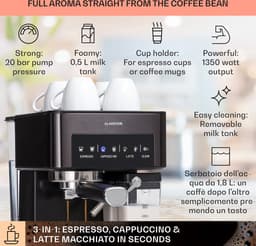 Klarstein Koffiemachine Arabica Comfort portafiltermachine 1350 watt 20 bar 1,8 liter touch control - Espressomachine - Stoompijpje LED - RVS - Coffee Machine Koffieautomaat — thumbnail 5