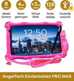 AngelTech Kindertablet PRO MAX - Android 15 - 4+3GB RAM - 64+64 GB - Snelle 8 Inch Kindertablet - Vanaf 3 Jaar - Perfect Voor School - Ouderlijk Toezicht - Ook Voor Volwassenen - 360° Fidgy Beschermhoes - Roze — thumbnail 2
