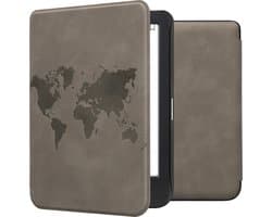 kwmobile e-reader hoesje geschikt voor Kobo Clara BW / Colour hoes - Ereader flip case met standaard - Kunstleren e reader cover - Wereldkaart design in grijs