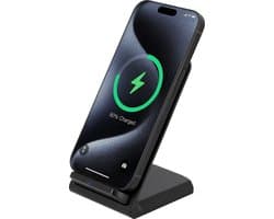 Cazy Draadloze Oplader Telefoon Stand 15W - Snelladen & USB-C - Geschikt voor Qi-Gecertificeerde Toestellen - Oplaadstandaard met LED Lampje - Zwart