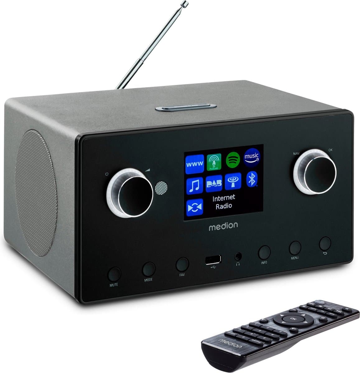 MEDION P85444 2.1 internetradio met subwoofer (DAB+, FM-radio, Spotify Connect, wifi, Bluetooth, streaming, equalizer, kleurendisplay, USB, AUX, wekker, sluimerfunctie, slaaptimer) zwart — afbeelding 1
