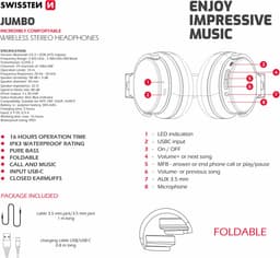 Swissten Jumbo - Draadloze Bluetooth Over-ear koptelefoon - Zwart — thumbnail 3