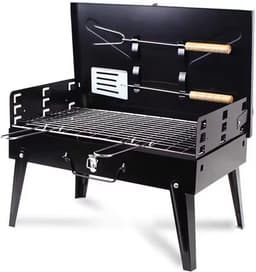 Koffer BBQ | Houtskool Barbecue | Opvouwbare inklapbare meeneem kolen BBQ inclusief gereedschap | Opvouw inklap tafel vakantie camping compact klein onderweg — thumbnail 1
