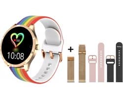 Belesy® BQSiRgRb PLUS - Smartwatch Dames – Smartwatch Heren - Horloge - 1.28 inch - Kleurenscherm - Stappenteller - Bloeddruk - Hartslag - 75+ Wijzerplaten – Sporten – Rose Goud - Milanees staal - Siliconen – Regenboog – Roze - Zwart - Kerstcadeau