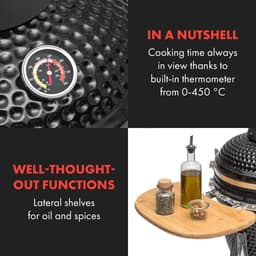 Klarstein Queensize kamado grill - om te grillen, slow cooking, roken of bakken, afneembare zijpanelen, materialen: keramiek, roestvrij staal, bamboe, thermometer van 0-450 °C, 3 wielen, zwart — thumbnail 3
