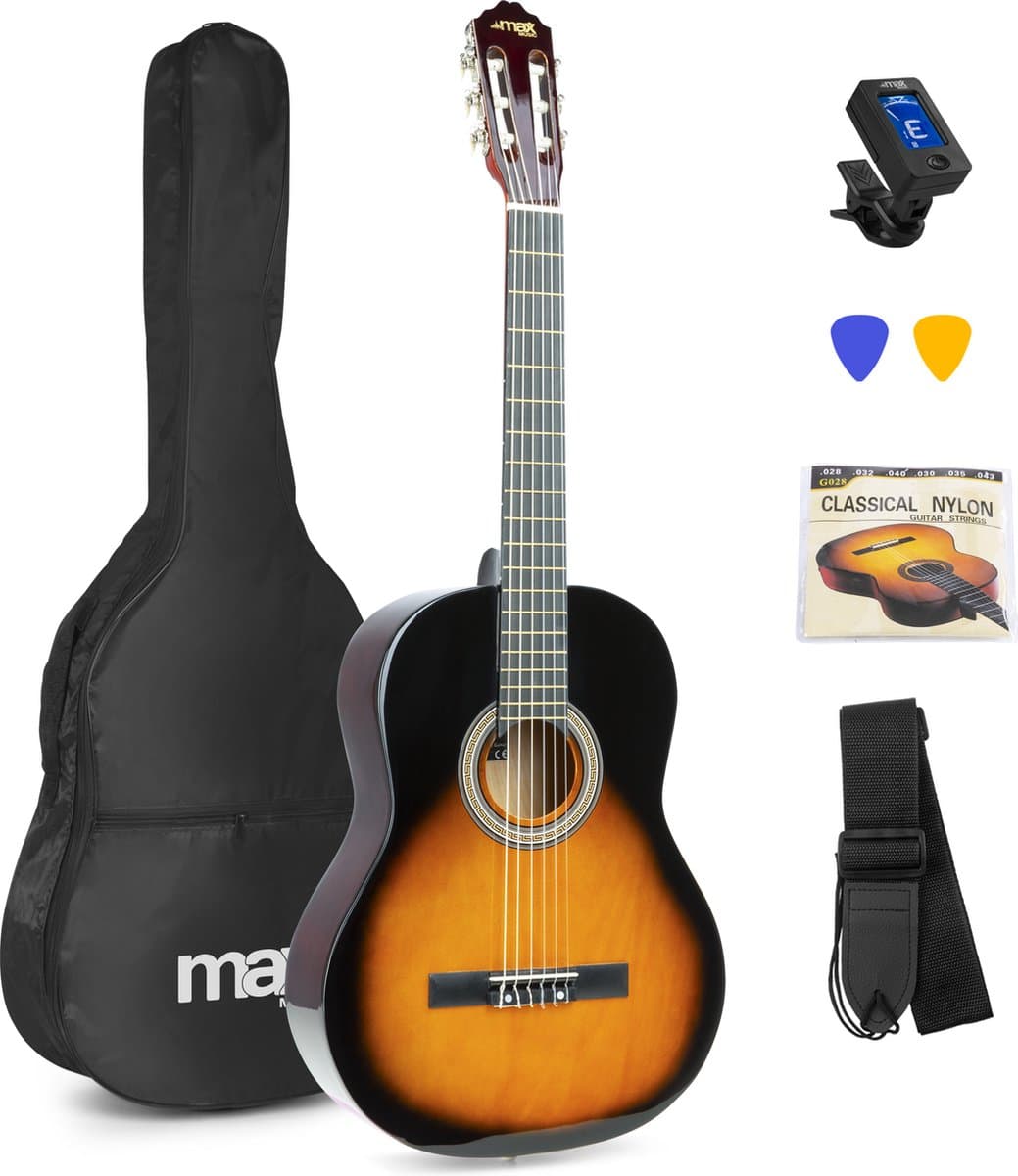 Klassieke Akoestische Gitaar 4/4 - Met Nylon Snaren - MAX SoloArt - Beginnersset met Accessoires - Sunburst — afbeelding 1