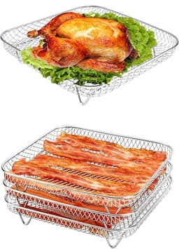 Airfryer Rek - 3-Pack- Stapelbare Roestvrijstalen Airfryer Mandjes – 3-Laags Koelrek voor Oven – Rechthoekige Airfryer Accessoires - 20*20*4cm — thumbnail 6