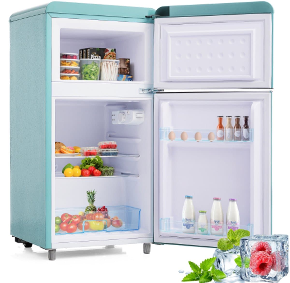 Gutent-Retro koel-vriescombinatie - 72L totaal - 21L vries - LED-verlichting - Cyaan — afbeelding 1