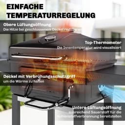 Premie Houtskool Barbecue - Smoker Barbecue - in Hoogte Verstelbaar - Barbecuegrill - Grillwagen - Houtskoolgrill - Houtskoolgrill met Deksel, Thermometer, Wielen, Bijzettafel & Handgreep - BBQ voor buiten, tuin - Zwart — thumbnail 5