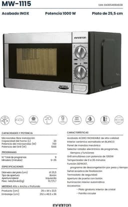 Magnetron met Grill - Oven Combimagnetron - Snel Eten Opwarmen - Roestvrijstalen Buitencoating - 20 Liter - Inox — thumbnail 2