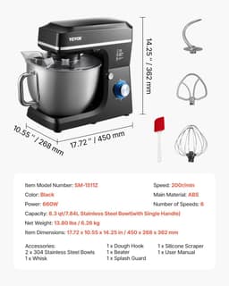 Keukenmachine Deegmixer - Standmixer Bakmachine - Bakken en Mixen - Kantelbare Kop - 7.84L - Zwart — thumbnail 5