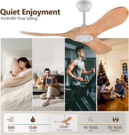 Merdoo Plafondventilator zonder Lamp - 42 inch - 3 Houten Bladen - Afstandsbediening - Wit/Naturel — thumbnail 4