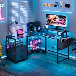 Gaming Bureau met LED Verlichting - 120x120x75cm - L-Vormig Game Bureau met Stopcontact - 2 Non Woven Lade - Gaming Desk - Computer Tafel - Gaming Tafel - Bureau voor Gamen, Studeren en Werken - Zwart — thumbnail 5