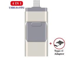 4-in-1 USB Flash Drive 256GB USB 3.0 Geheugenstick – Externe Opslag, geschikt voor iPhone, Android, Telefoon, Type-C & Windows (USB stick, geheugenkaart, opslag stick, OTG)- Zilver