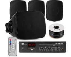 Power Dynamics buiten speakers set van 4 waterdichte mini speakers - Bluetooth en FM radio - Zwart