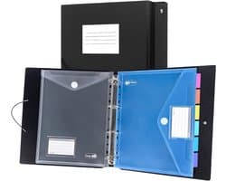 A4 Ringbinders in Zwart met 12 Plastic Hoezen in 6 Kleuren, Scheidingsbladen, Schrijfbare Labels en Kaarthouders voor Presentaties, Vergaderingen en Schoolgebruik
