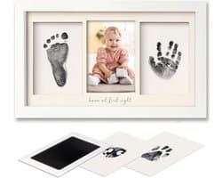 Fotolijst voor poot- en handafdrukken – Inktkussentje voor baby's – DIY-lijst voor hand- en voetafdrukken – Aandenken aan de eerste verjaardag – Herinneringsset voor hand- en voetafdrukken – Inktkussentje en afdruklijst pasgeborenen – 20x32,8x1,8cm