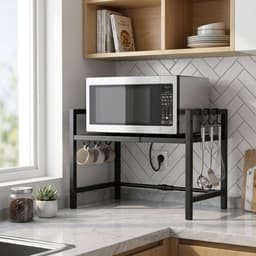 Lynexa Keukenkast Organizer Uitschuifbaar 38-64 cm - Magnetronkast - Magnetron Rek - Keukenrek met 6 Haken - Opbergrek voor Airfryer en Oven - Zwart — thumbnail 3