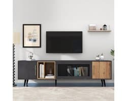 Tv-kast met deuren - Lowboard tv-meubel - Woonkamer organiseren - Glazen bedienbare deur - 200x40x55.5 cm - Grijs en houtkleur