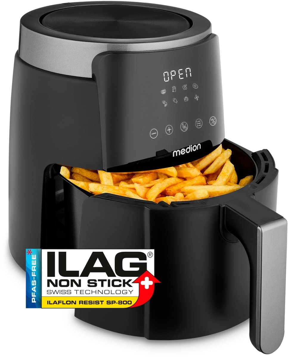 MEDION Airfryer P40 L (4,7 liter, Heteleuchtfriteuse, 1500 watt, eenvoudige bediening, olievrij frituren, 60 min timer, tot 200° C, antiaanbaklaag, MD13030) zwart — afbeelding 1