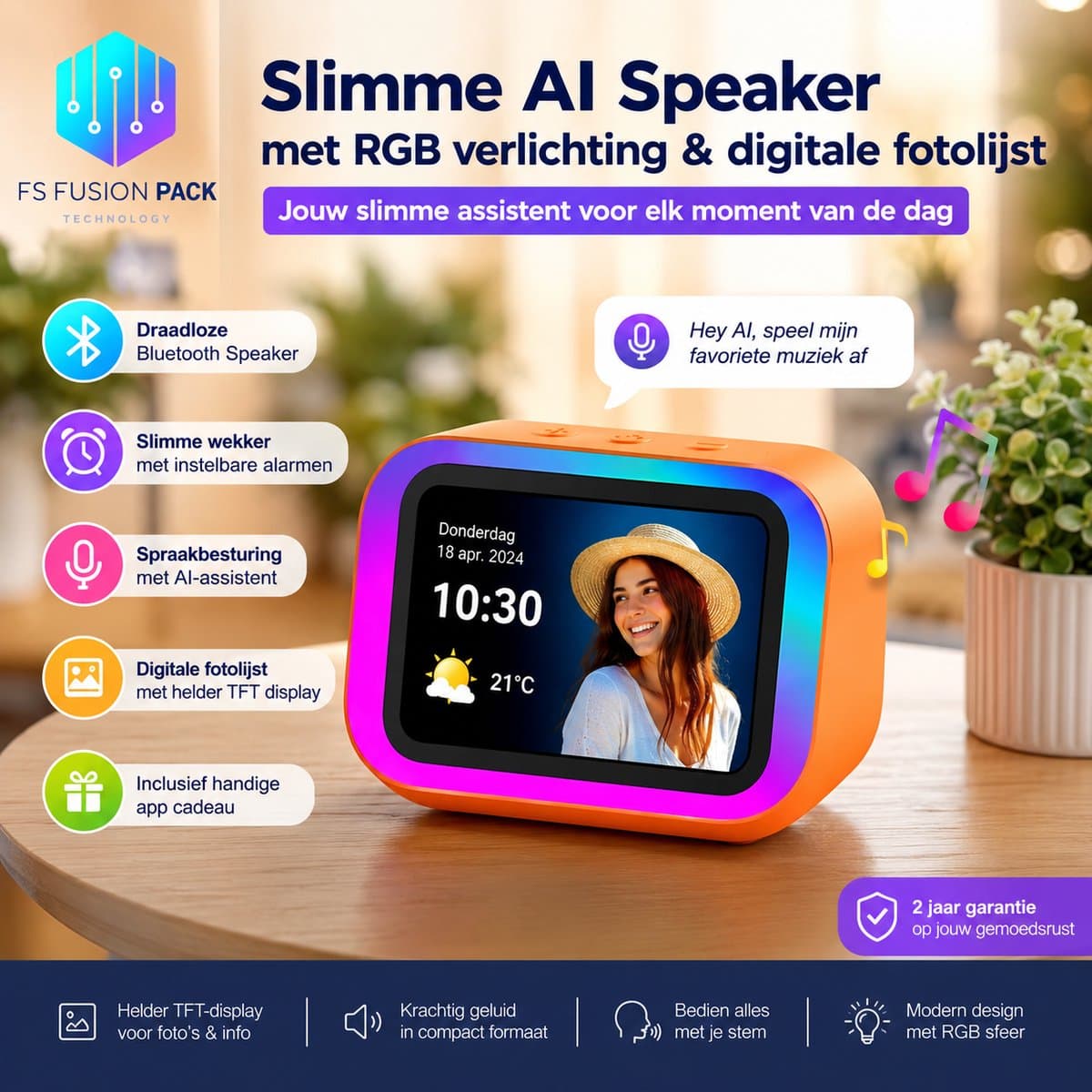 Slimme AI Speaker met RGB Verlichting & Digitale Fotolijst - Slimme wekker-FS Fusion Pack Slimme AI Speaker met RGB Verlichting & Digitale Fotolijst – Draadloze Bluetooth Speaker, Wekker, TFT Display, Spraakbesturing, Smart Alarm Klok & App Cadeau — afbeelding 1