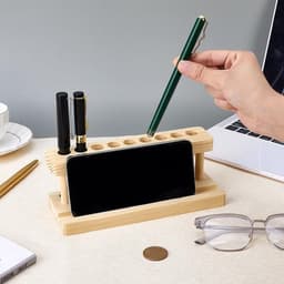 Houten penhouder met 9 vakken en telefoonhouder voor bureau, ideaal voor school en kantoor, 7.8 x 3.1 x 2.7 inch — thumbnail 2