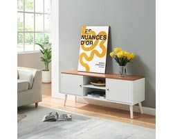 Televisiemeubel - TV Kast - Woonkamer Inrichting - Twee Deuren Open Vakken - 120x35x50 cm - Wit Teak