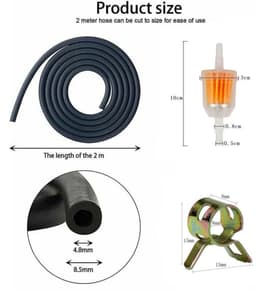 De brandstoffilterset geschikt voor motorfietsen bevat 2 dieselfilters, een 2 geschikt voorer lange brandstofslang van 8 mm geschikt voor grasmaaiers en 10 slangklemmen geschikt voor scooters, motorfietsen, grasmaaiers en motoren. — thumbnail 2