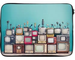Laptophoes 13 inch - Televisie - Microfoon - Vintage - Laptop sleeve - Binnenmaat 32x22,5 cm - Zwarte achterkant