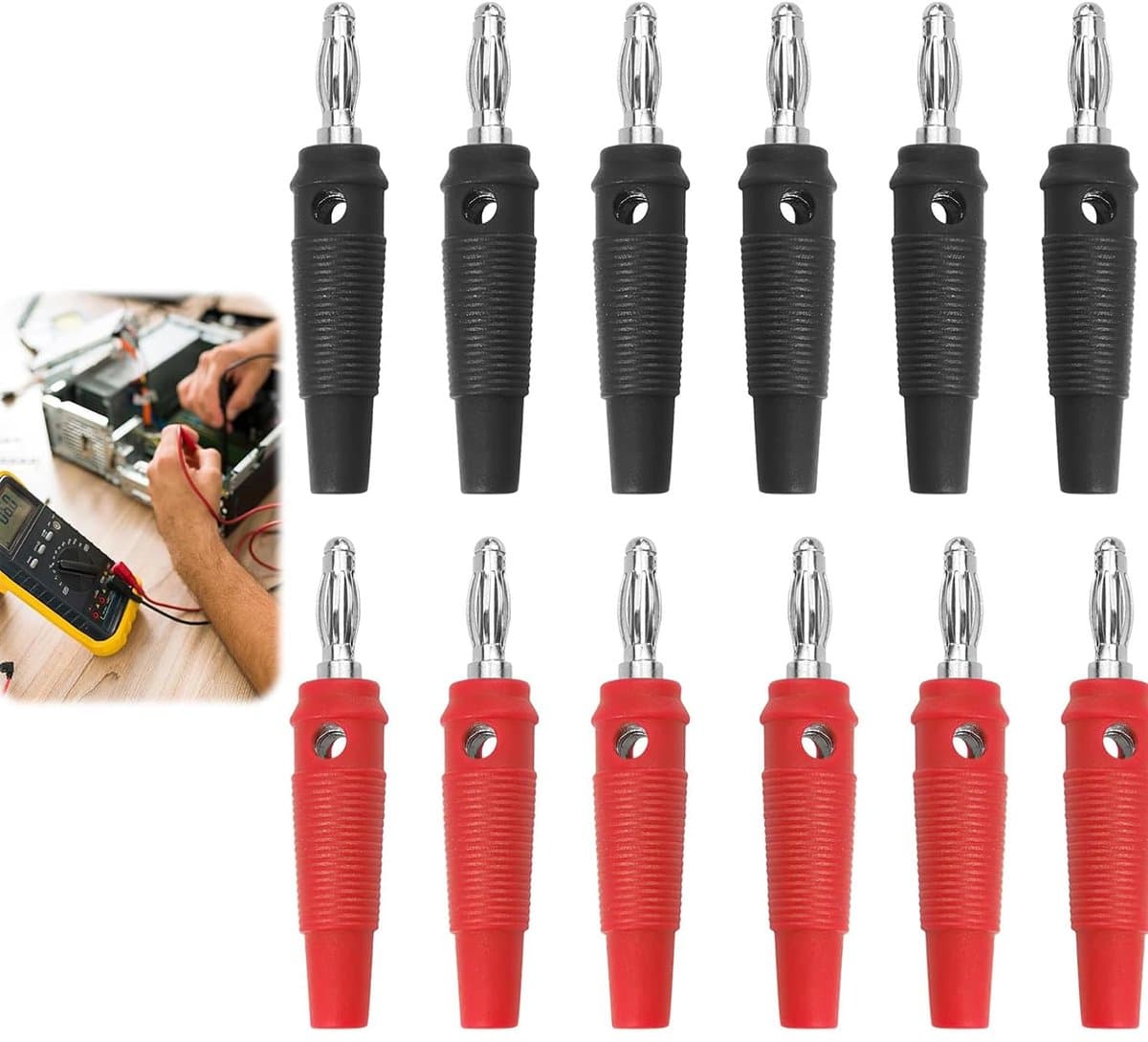 Verpakking van 12 flexibele banaanstekkers van 4 mm | Soldeerloze, stapelbare schroefconnectoren Geschikt voor luidsprekers, versterkers en hifi-audiosystemen. — afbeelding 1