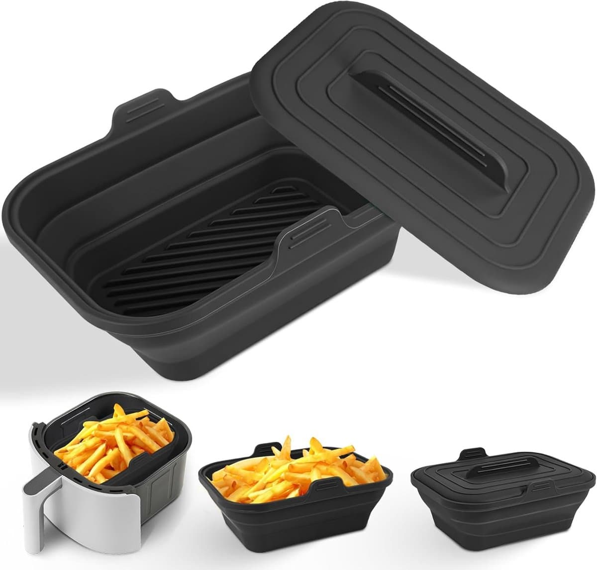 8.2 Inch Inklapbare Siliconen Air Fryer Liner Met Deksel - Airfryer Accessoires - Herbruikbaar - Voor 5.8 - 8 Qt - Zwart — afbeelding 1
