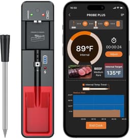 Slimme draadloze vleesthermometer met ultradunne sonde, 6 sensoren voor nauwkeurige digitale voedselthermometer met een meettijd van 0,5 seconde, IP67 waterdicht voor barbecue, grill, rookoven, oven en airfryer, zwart. — thumbnail 2