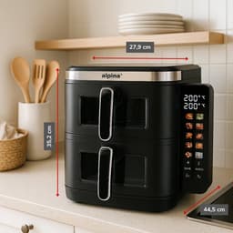 alpina Dubbele Airfryer XXL - Air Fryer 11L - Heteluchtfriteuse met 2 Manden - Duo Oven voor 8 Personen - Opvouwbaar Display - Timerfunctie tot 60 Minuten - Temperatuur 60-200°C - Zwart — thumbnail 2