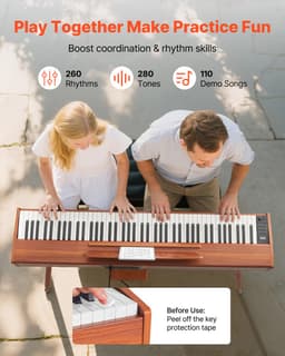 88-toetsen volledig gewogen digitale piano, elektrisch keyboard met muziekstandaard, drievoudig pedaal, voedingsadapter, 280 tonen, draadloze connectiviteit, ideaal voor beginners, houten afwerking — thumbnail 4