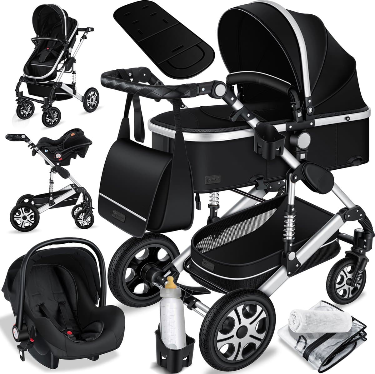 KESSER® Kinderwagen 3 in 1 Loops Wandelwagen Set incl. Autostoel & Reiswieg & Buggy Sportzitje - Massieve Rubberbanden - Luiertas / Regenhoes - Zwart / Zilver — afbeelding 1