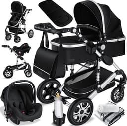 KESSER® Kinderwagen 3 in 1 Loops Wandelwagen Set incl. Autostoel & Reiswieg & Buggy Sportzitje - Massieve Rubberbanden - Luiertas / Regenhoes - Zwart / Zilver — thumbnail 1