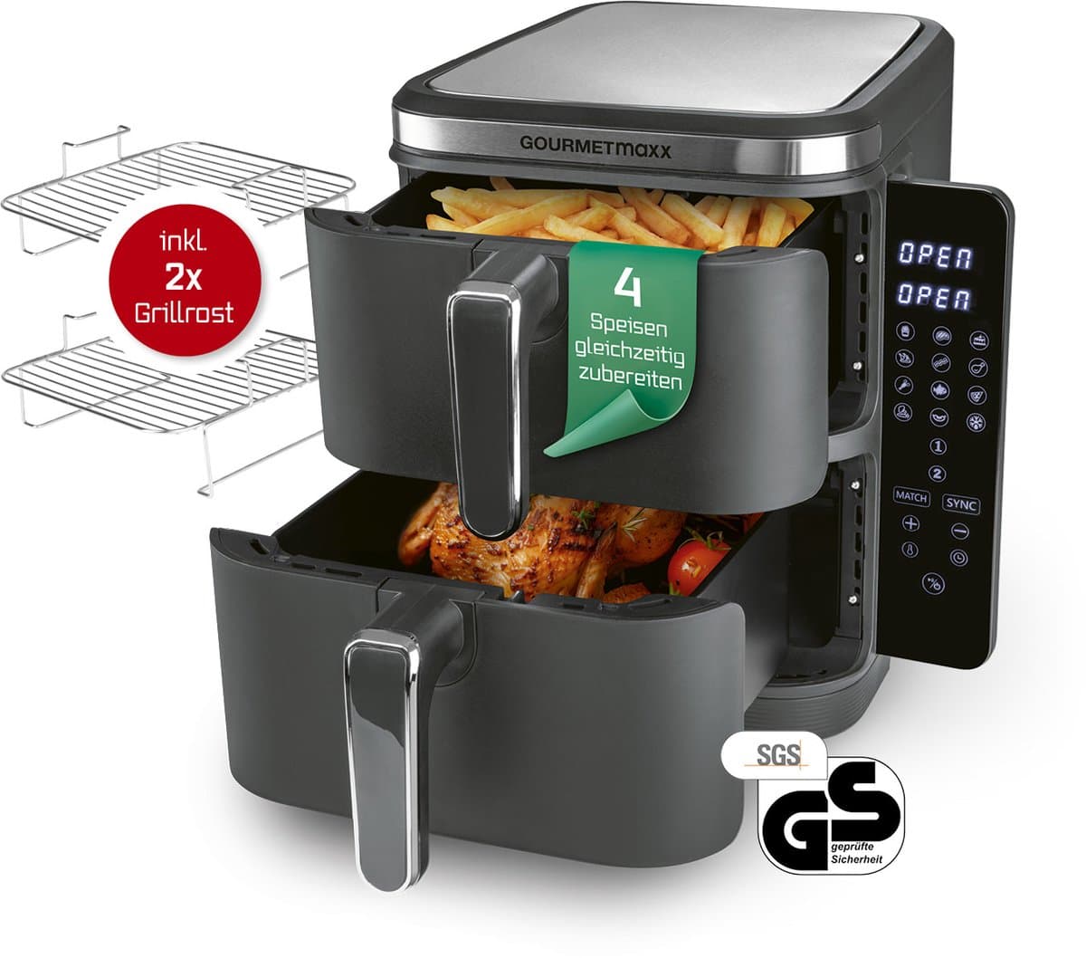 GOURMETmaxx FryUp Verticale heteluchtfriteuse met dubbele kamer, verticale airfryer, inklapbaar touchscreen, 32% ruimtebesparend, inhoud 10 liter, heteluchtfriteuse, 2 kamers — afbeelding 1