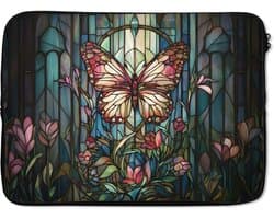 Laptophoes 13 inch - Vlinder - Roze - Bloemen - Bladeren - Laptop sleeve - Binnenmaat 32x22,5 cm - Zwarte achterkant