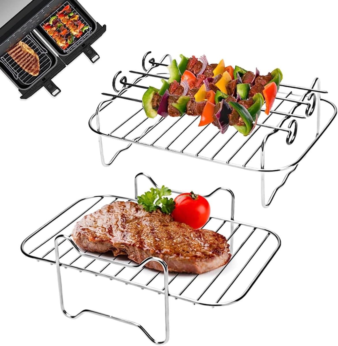 Airfryer-rek - 2 stuks - Vierkant Airfryer - grillrek - RVS grill-dehydratorrek - Stapelbaar - Airfryer-mandje - Airfryer-accessoires - Oven- en vaatwasserbestendig - voor Airfryer-bakken en koken - 20*13*7 - zilver — afbeelding 1