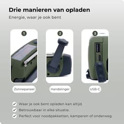 Kiraal – Noodradio Opwindbaar met Accu & Zonnepaneel | Voor Rampen - Noodpakket - Camping & Stroomuitval – Inclusief Nederlandse Handleiding - Legergroen — thumbnail 2
