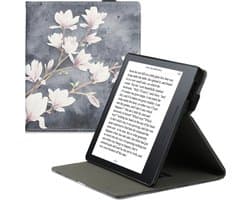 kwmobile e-reader hoesje geschikt voor Amazon Kindle Oasis 10. Generation hoes - Ereader flip case met standaard - Kunstleren e reader cover - Magnolia design in taupe / wit / blauwgrijs